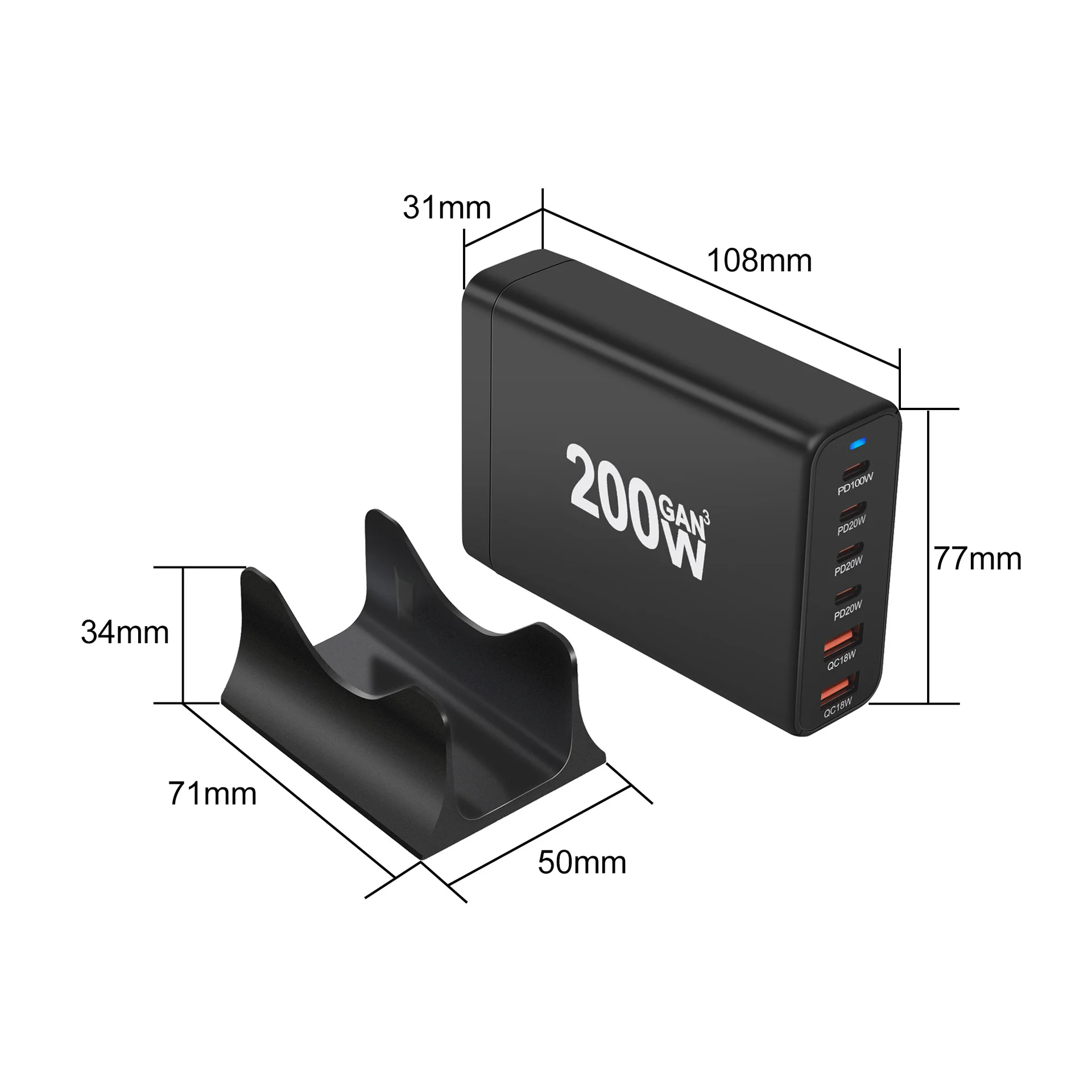 Station de Charge GaN 200W 6 Ports USB-C PD Chargeur Bureau Rapide Multiappareils