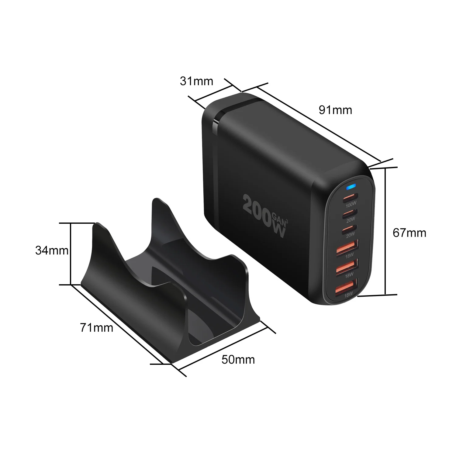Chargeur GaN 200W 6 ports USB-C/USB-A charge rapide PD 100W multi-appareils