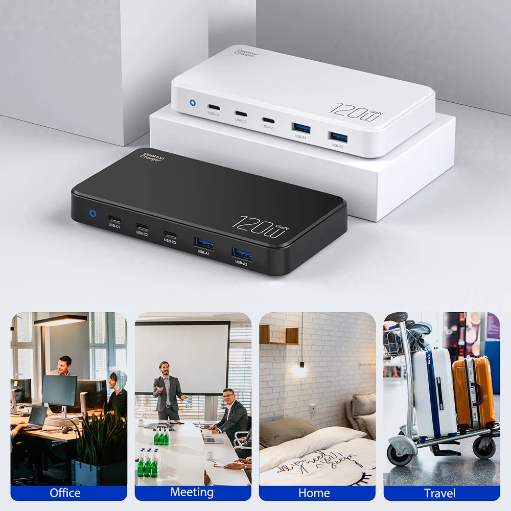 Chargeur GaN 120W 5 Ports USB-C & USB-A Charge Rapide QC3.0 PD pour PC & Smartphones