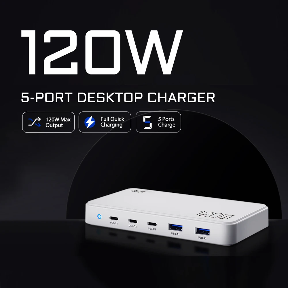 Chargeur GaN 120W 5 Ports USB-C & USB-A Charge Rapide QC3.0 PD pour PC & Smartphones