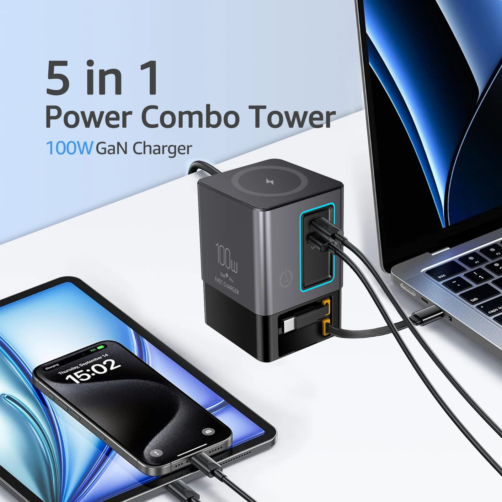 Station de Charge 100W i116 Pro – USB-C Rétractable, Sans Fil & Lampe Intégrée