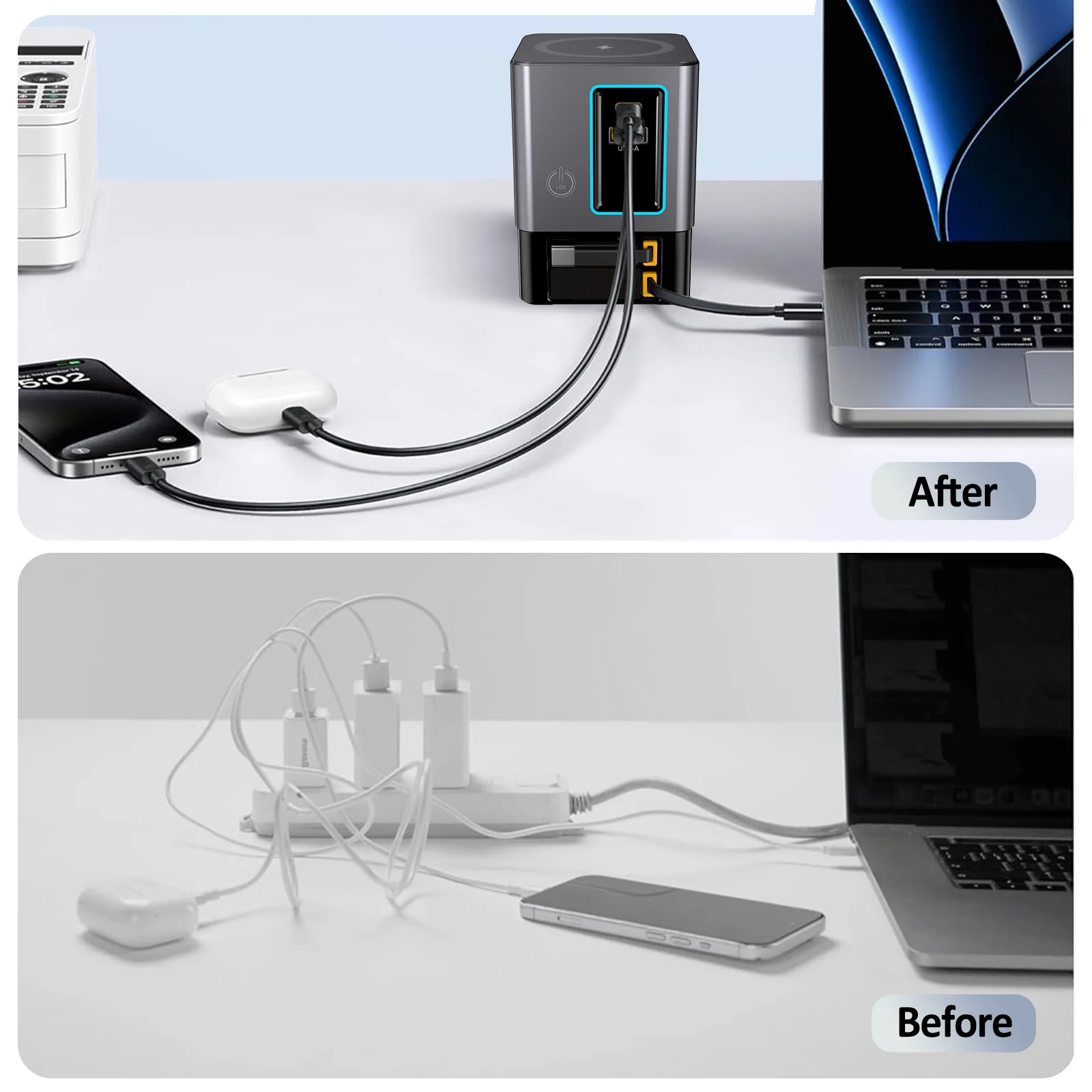 Station de Charge 100W i116 Pro – USB-C Rétractable, Sans Fil & Lampe Intégrée