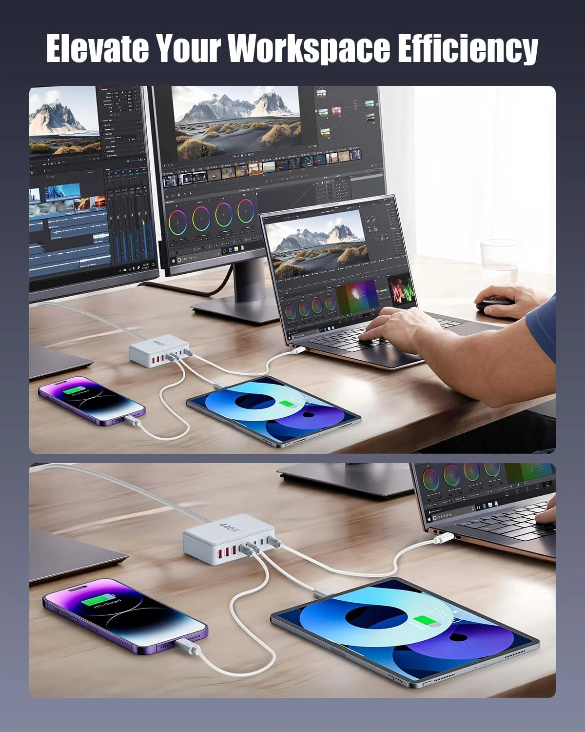 Station de Charge GaN 440W 8 Ports USB-C Rapide PD3.0 QC3.0 pour PC & Téléphones
