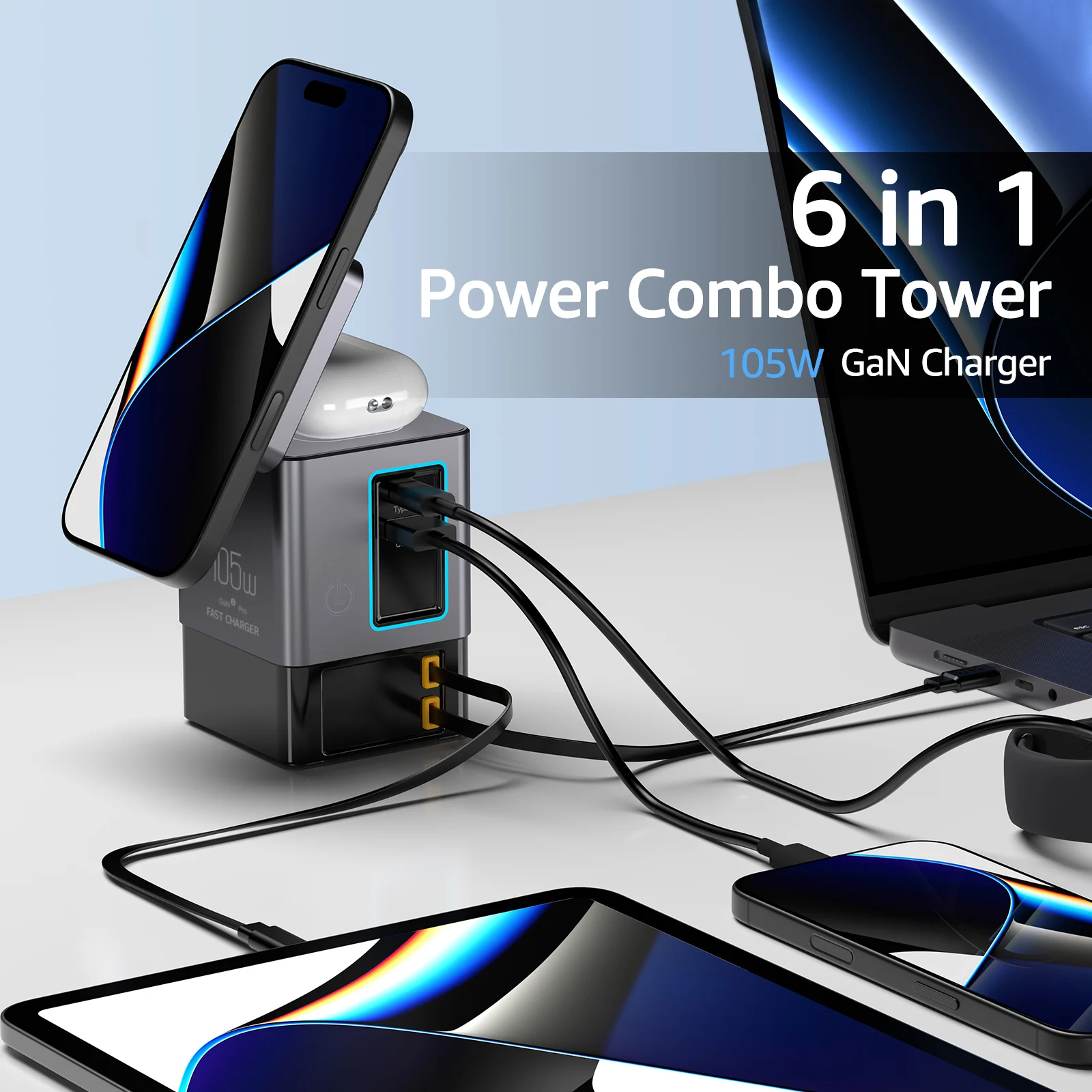 Station de Charge 6-en-1 PowerCombo 105W – Sans Fil, USB-C Rétractable & Lampe Intégrée
