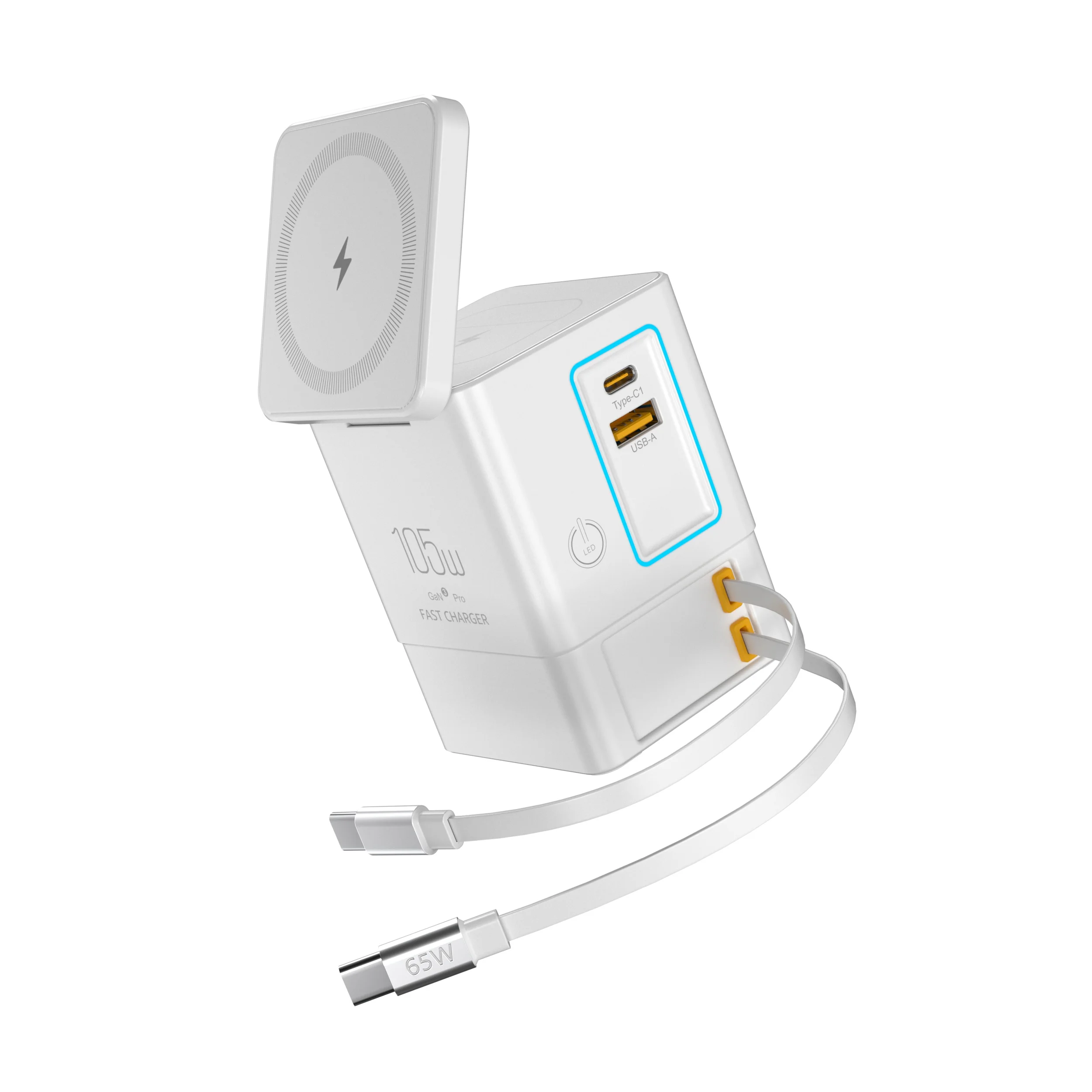 Station de Charge 6-en-1 PowerCombo 105W – Sans Fil, USB-C Rétractable & Lampe Intégrée
