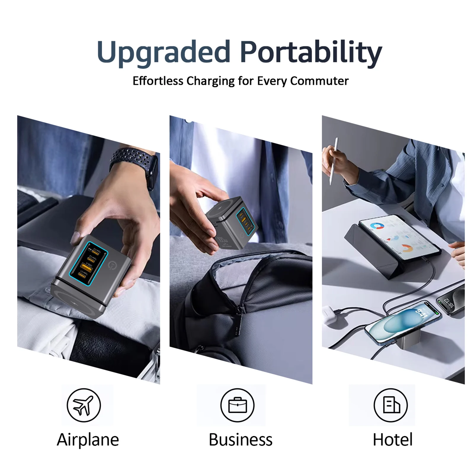 Tour de Charge 6en1 105W – USB-C 65W + Sans Fil 15W + Lampe de Bureau Intégrée