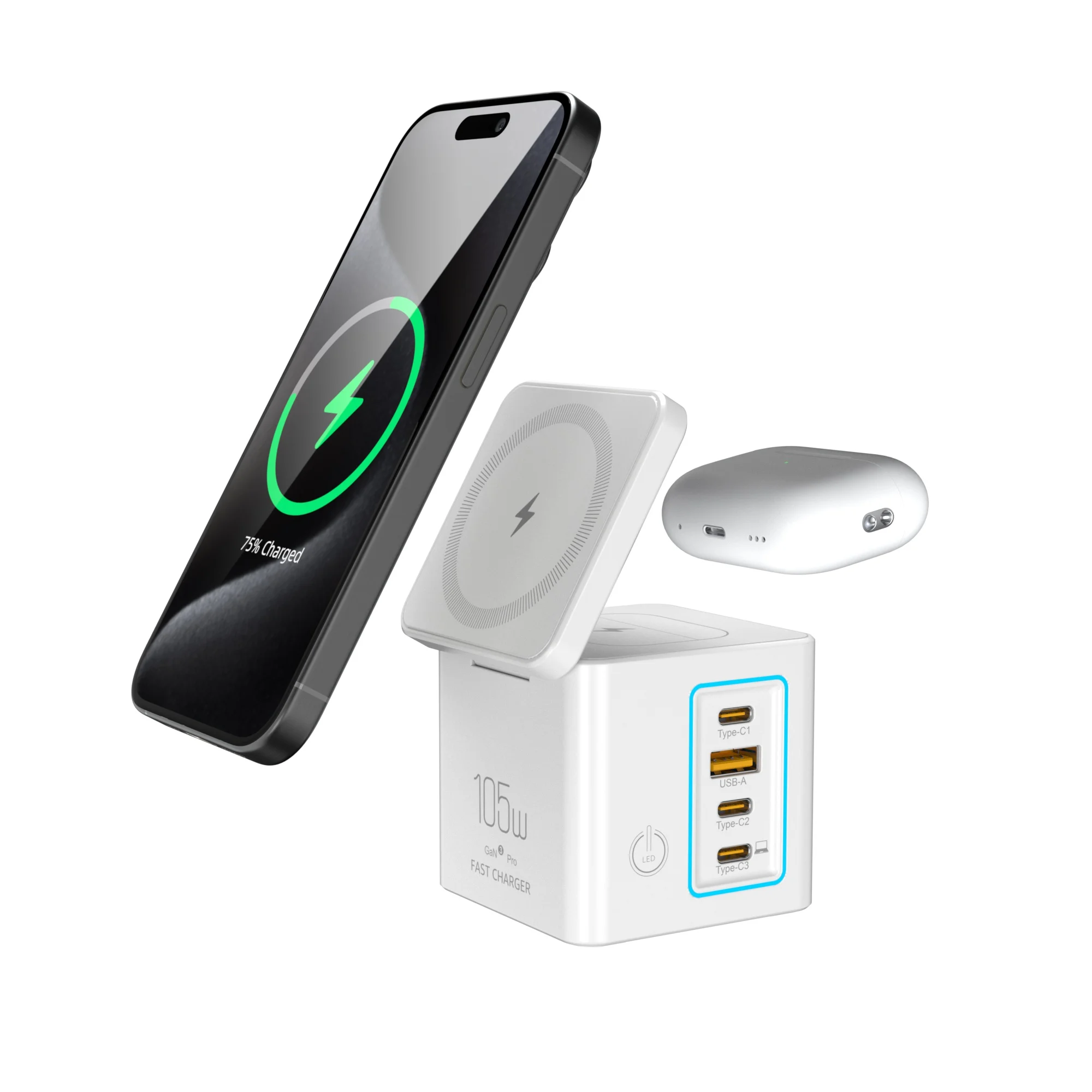 Tour de Charge 6en1 105W – USB-C 65W + Sans Fil 15W + Lampe de Bureau Intégrée