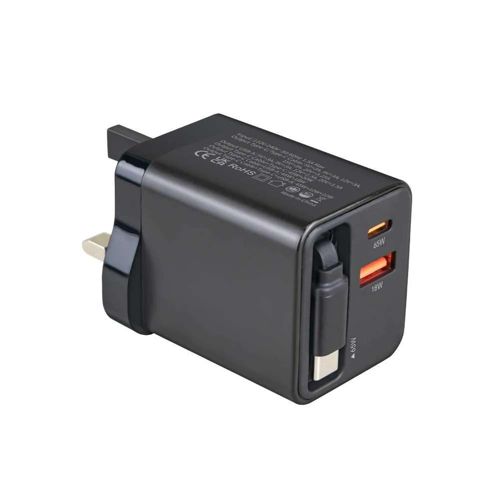 Chargeur GaN 65W Rétractable 3-en-1 USB-C & USB-A Charge Rapide PD 3.0 QC 3.0
