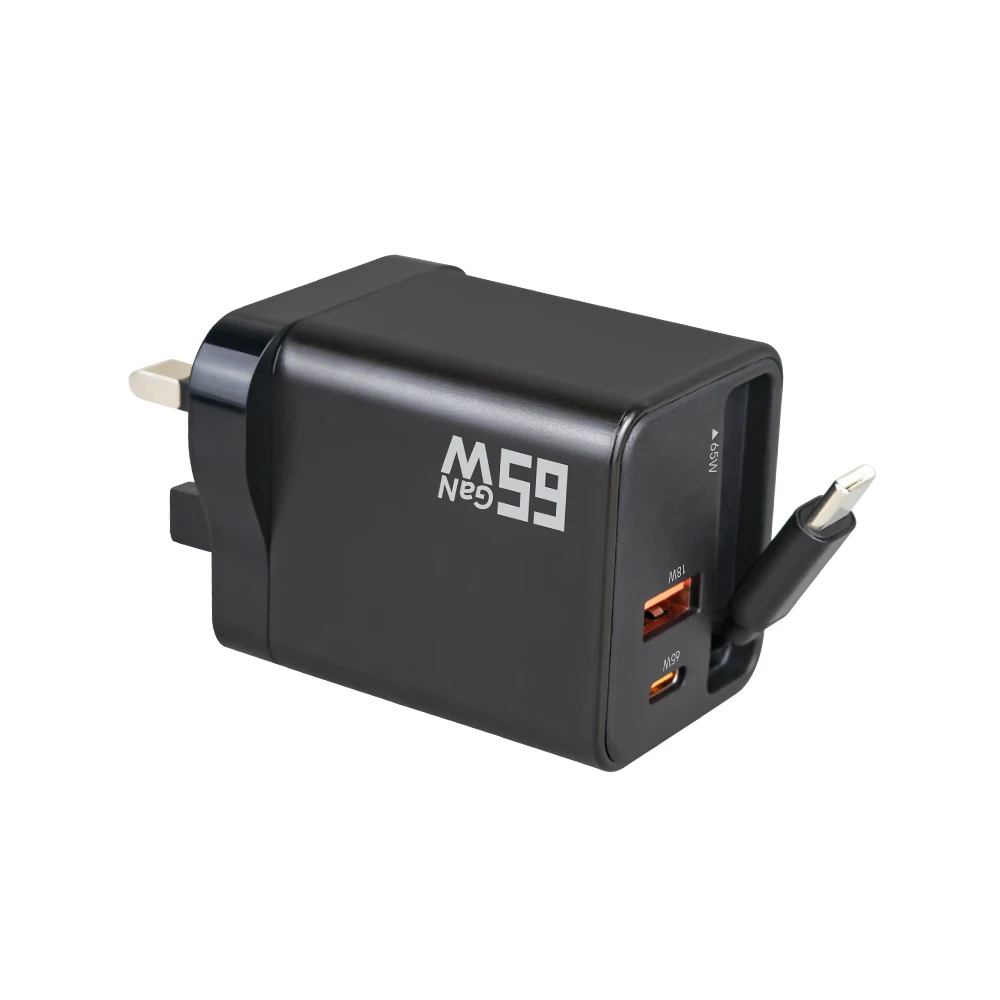 Chargeur GaN 65W Rétractable 3-en-1 USB-C & USB-A Charge Rapide PD 3.0 QC 3.0