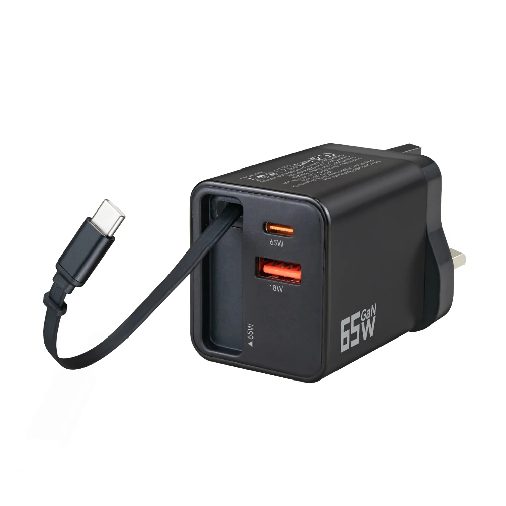 Chargeur GaN 65W Rétractable 3-en-1 USB-C & USB-A Charge Rapide PD 3.0 QC 3.0