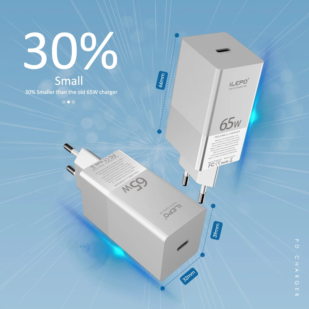Chargeur GaN 65W USB-C PD3.0 QC3.0 Charge Rapide – Prise US/EU/UK | Téléphone & PC