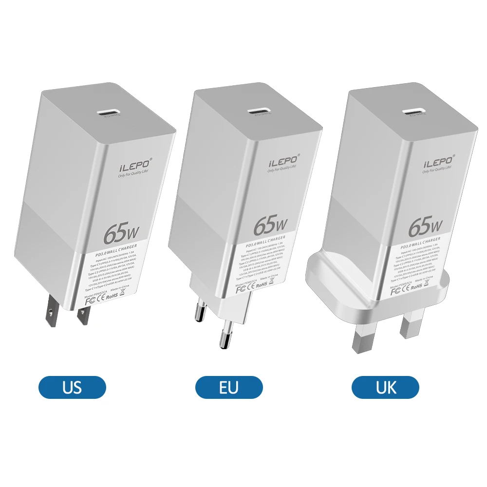Chargeur GaN 65W USB-C PD3.0 QC3.0 Charge Rapide – Prise US/EU/UK | Téléphone & PC