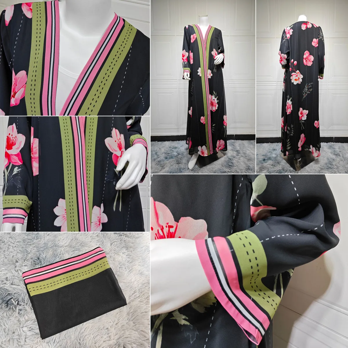 Abaya Islamique MQ288 – Robe Dubai Chiffon Floral Élégante avec Hijab