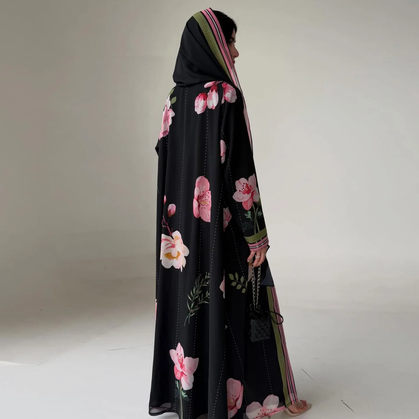 Abaya Islamique MQ288 – Robe Dubai Chiffon Floral Élégante avec Hijab