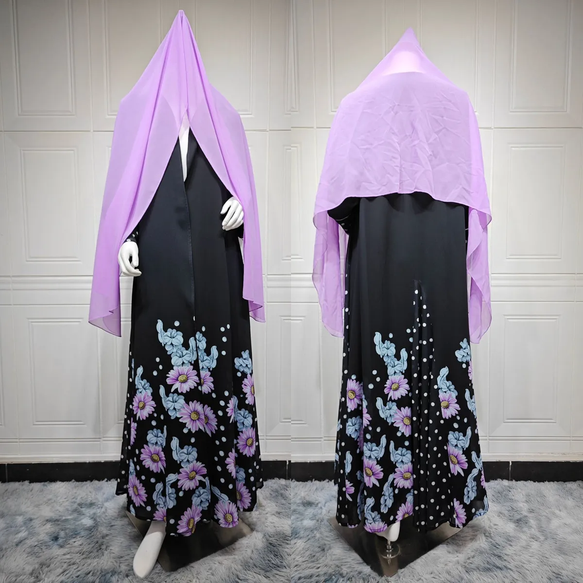 Abaya MQ293 Femme | Robe Musulmane Chiffon Imprimé | Ensemble avec Hijab | Dubai
