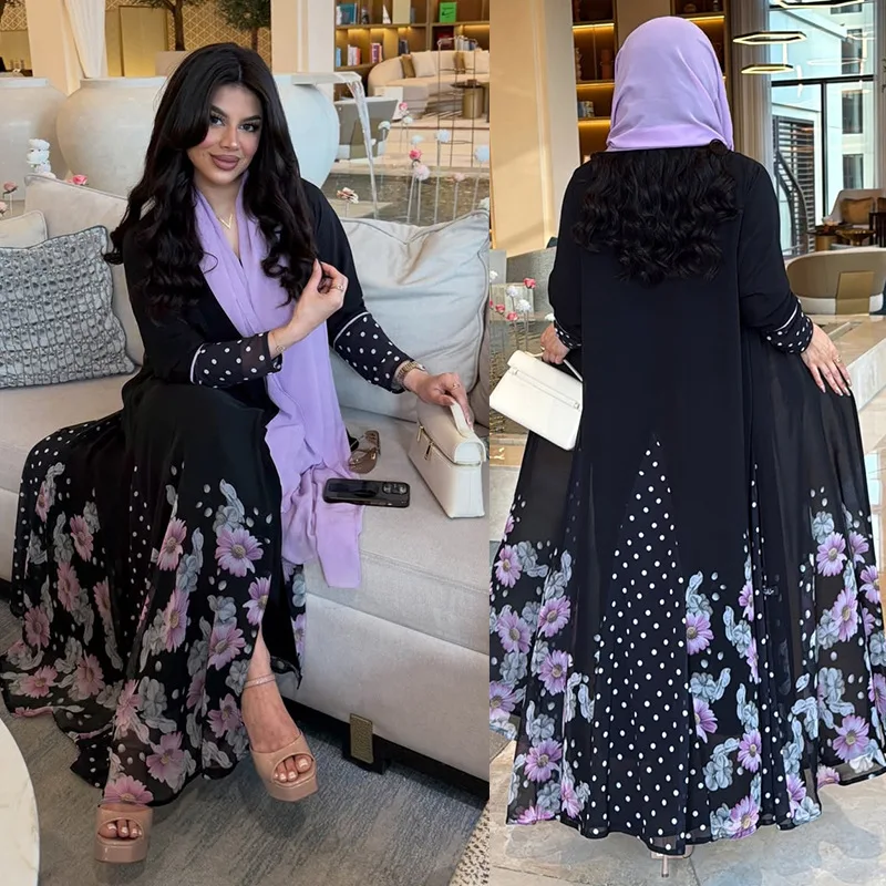 Abaya MQ293 Femme | Robe Musulmane Chiffon Imprimé | Ensemble avec Hijab | Dubai