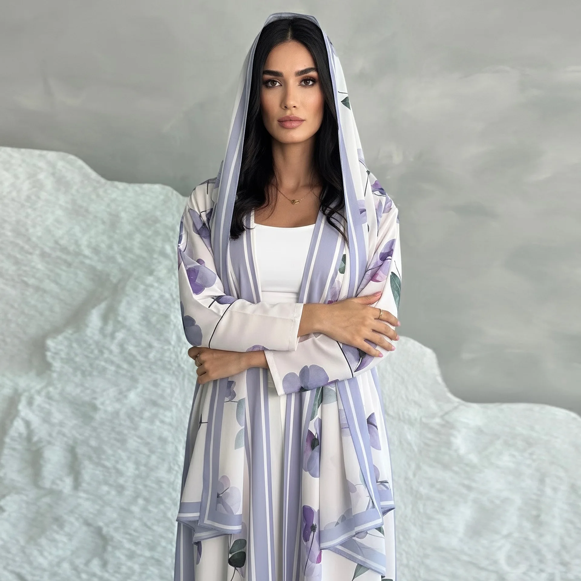 Abaya Dubaï MQ290 – Robe musulmane imprimé floral avec hijab | Taille plus