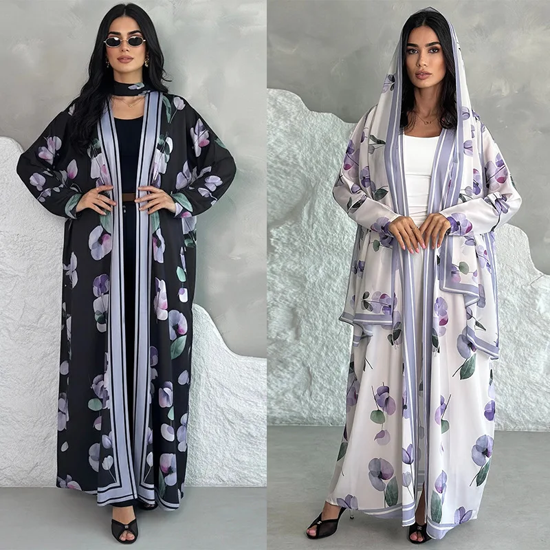 Abaya Dubaï MQ290 – Robe musulmane imprimé floral avec hijab | Taille plus