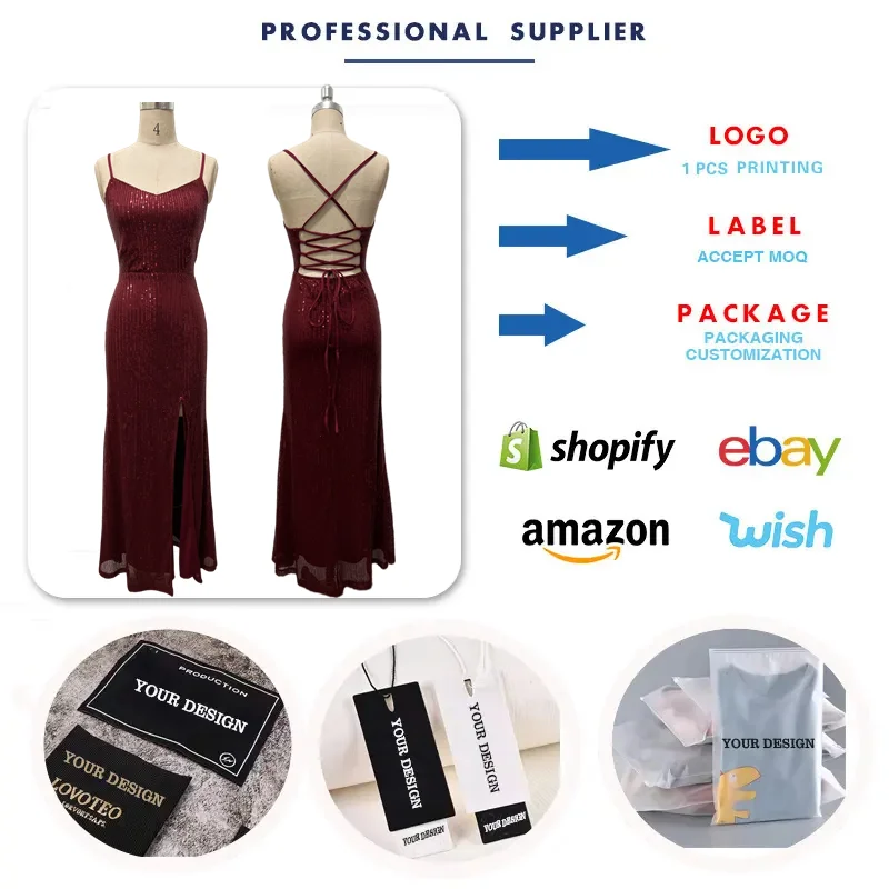 Robe de Soirée Luxe à Paillettes – Fente Haute, Col V, Bretelles Spaghetti | RY230124