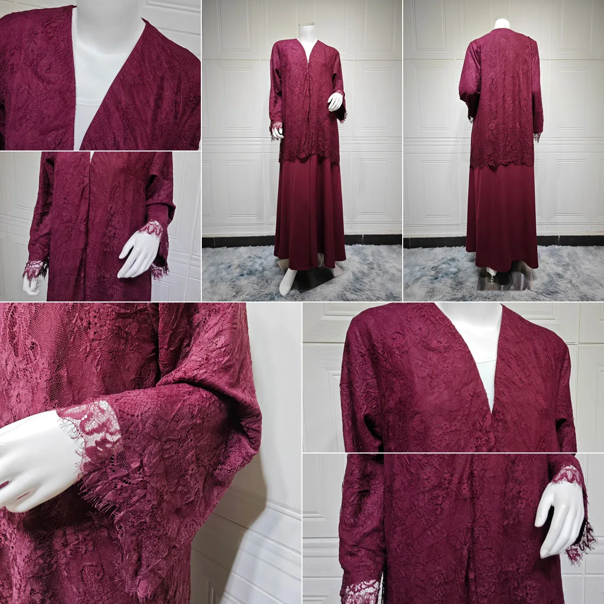 Abaya ouverte femme MQ281 – Robe musulmane maxi dentelle cardigan style Dubaï