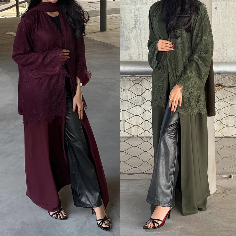 Abaya ouverte femme MQ281 – Robe musulmane maxi dentelle cardigan style Dubaï