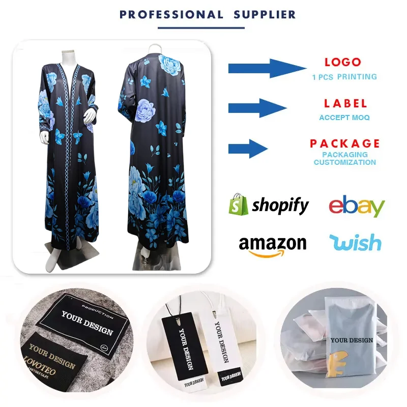 Abaya ouverte fleurie MQ280 – Robe islamique maxi avec hijab, style Dubaï élégant