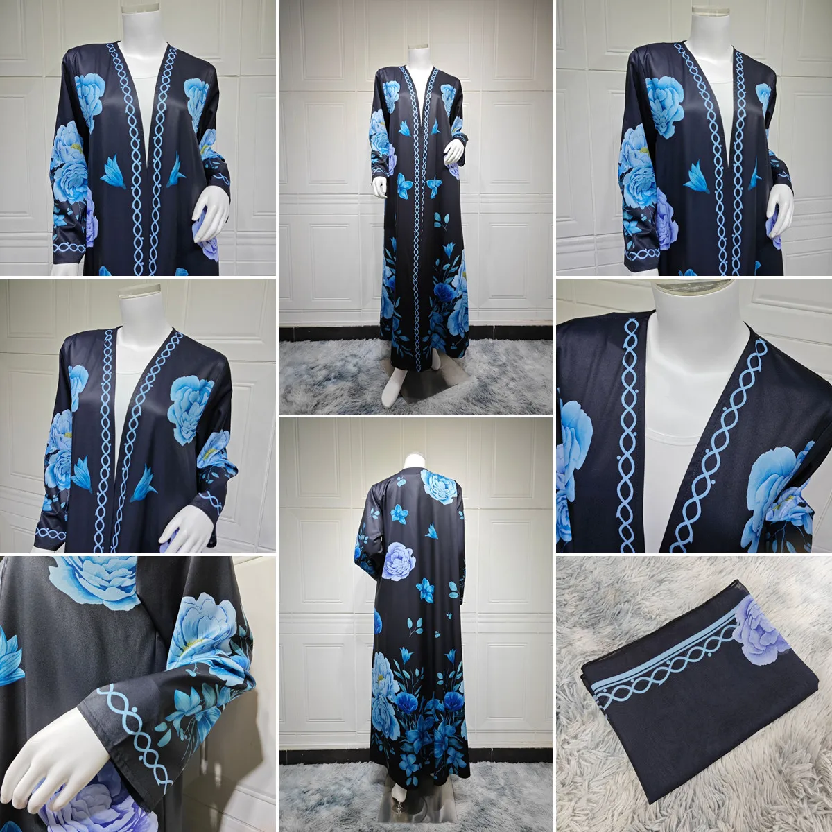 Abaya ouverte fleurie MQ280 – Robe islamique maxi avec hijab, style Dubaï élégant
