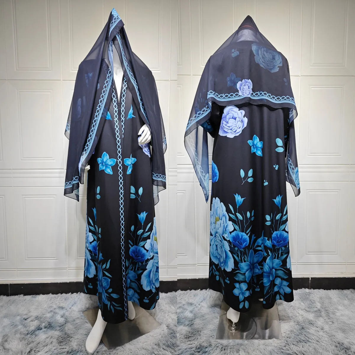 Abaya ouverte fleurie MQ280 – Robe islamique maxi avec hijab, style Dubaï élégant