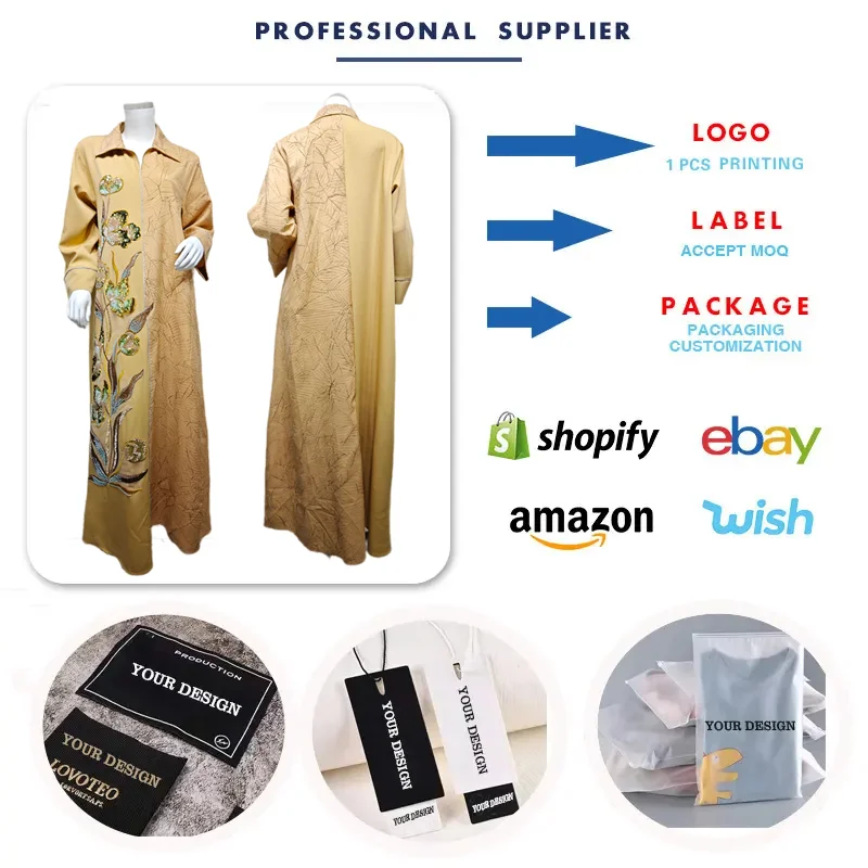 Abaya Femme AB496 – Robe Maxi Islamique Jacquard Broderie Paillettes | Style Kaftan Dubaï