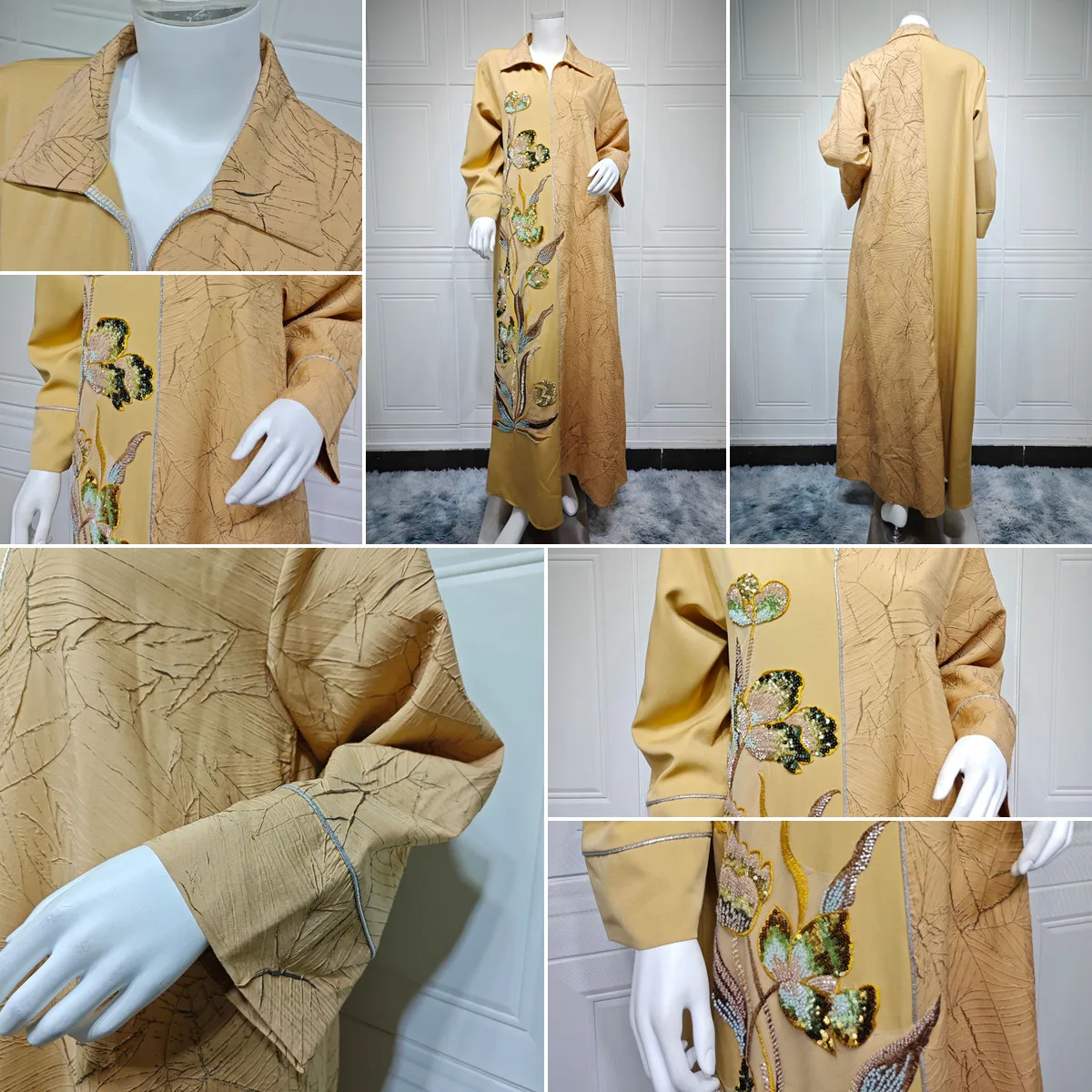 Abaya Femme AB496 – Robe Maxi Islamique Jacquard Broderie Paillettes | Style Kaftan Dubaï