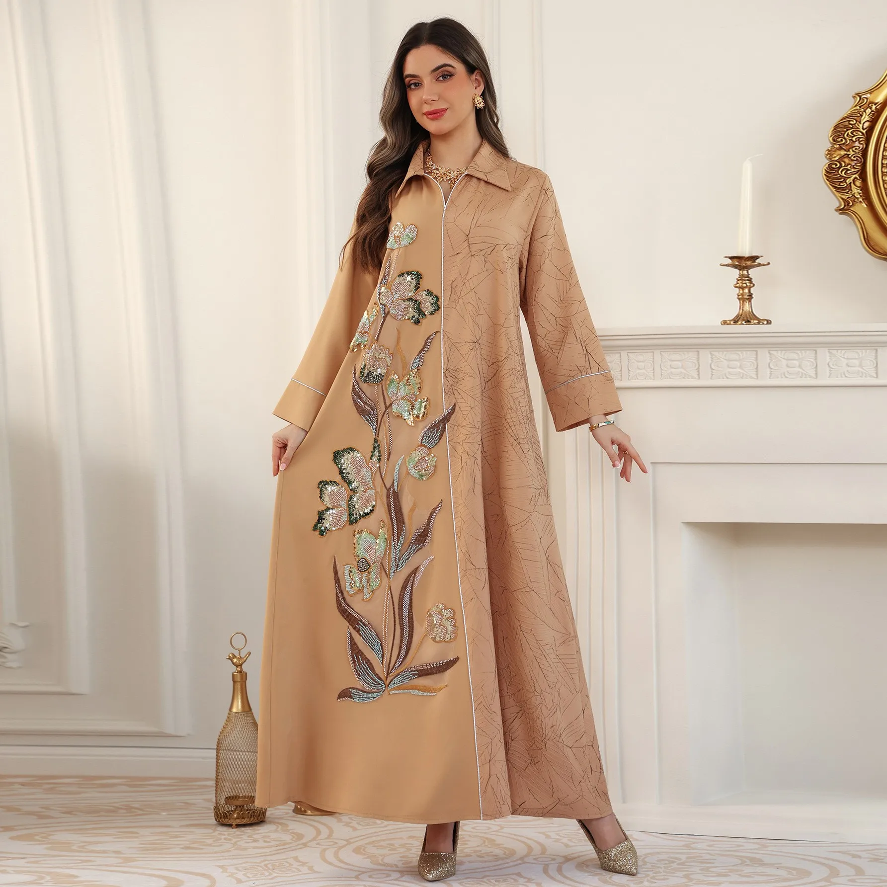Abaya Femme AB496 – Robe Maxi Islamique Jacquard Broderie Paillettes | Style Kaftan Dubaï
