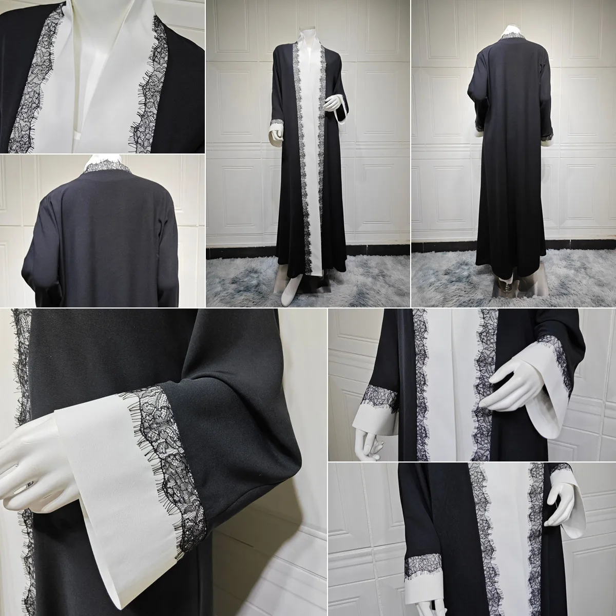 Abaya Ouverte Femme MQ266 – Robe Maxi Modeste Noir & Blanc avec Dentelle