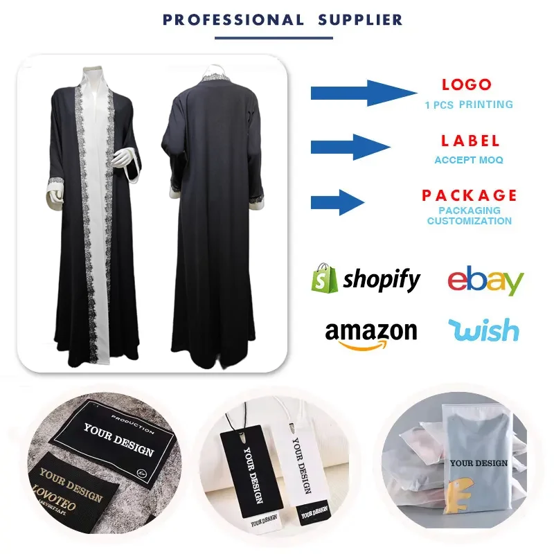 Abaya Ouverte Femme MQ266 – Robe Maxi Modeste Noir & Blanc avec Dentelle