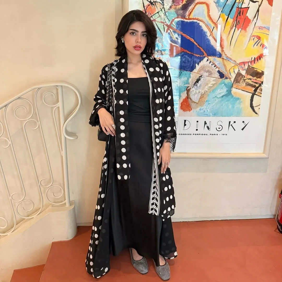 Abaya ouverte à pois MQ273 + Hijab – Robe musulmane en mousseline dentelle, style Dubaï