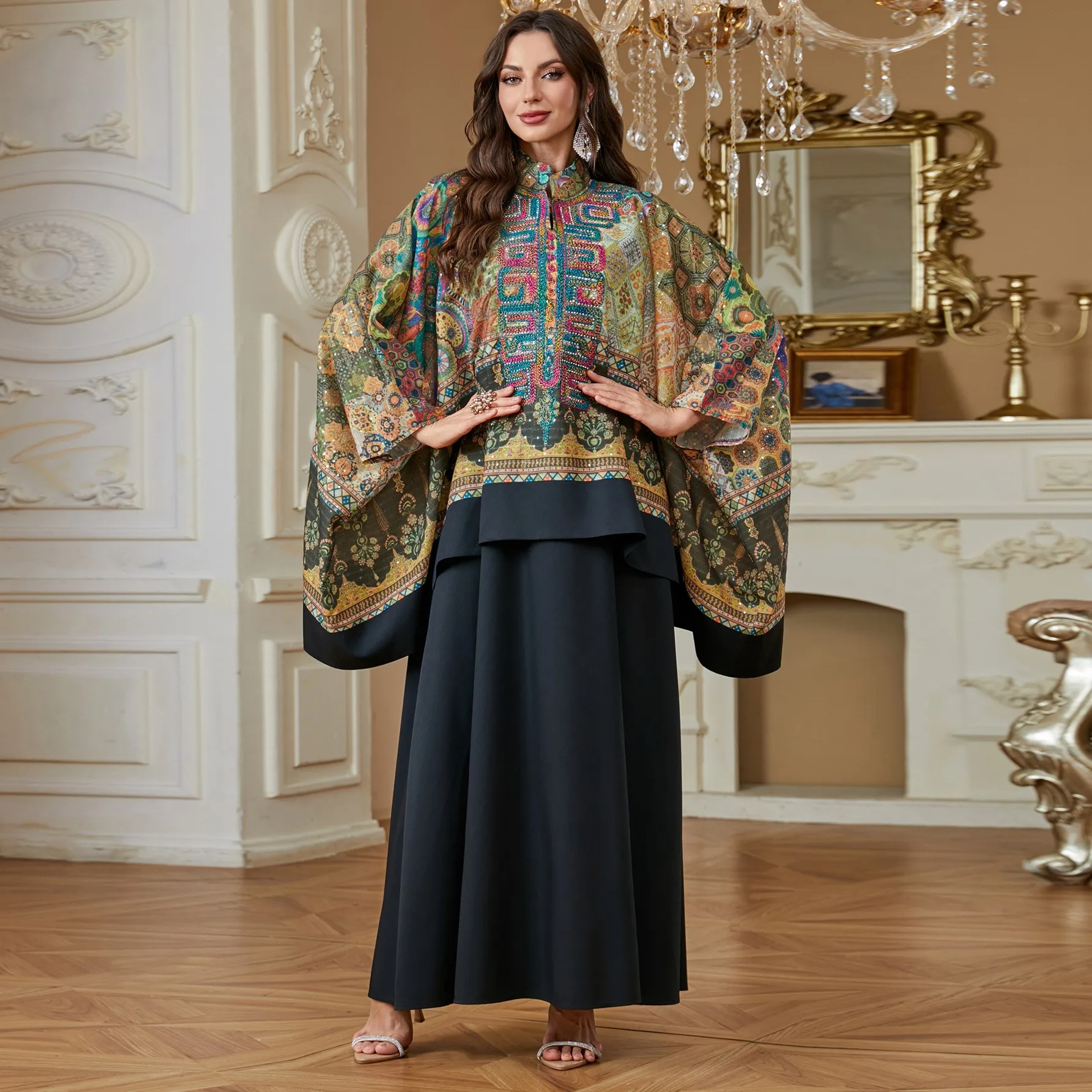 Abaya AB553 Brodée Manches Chauve-Souris + Robe Intérieure – Élégance Islamique