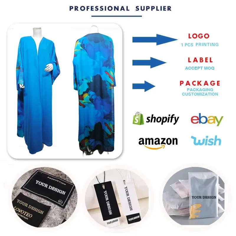 Abaya Ouverte MQ217 – Robe Musulmane Mousseline Imprimée avec Hijab