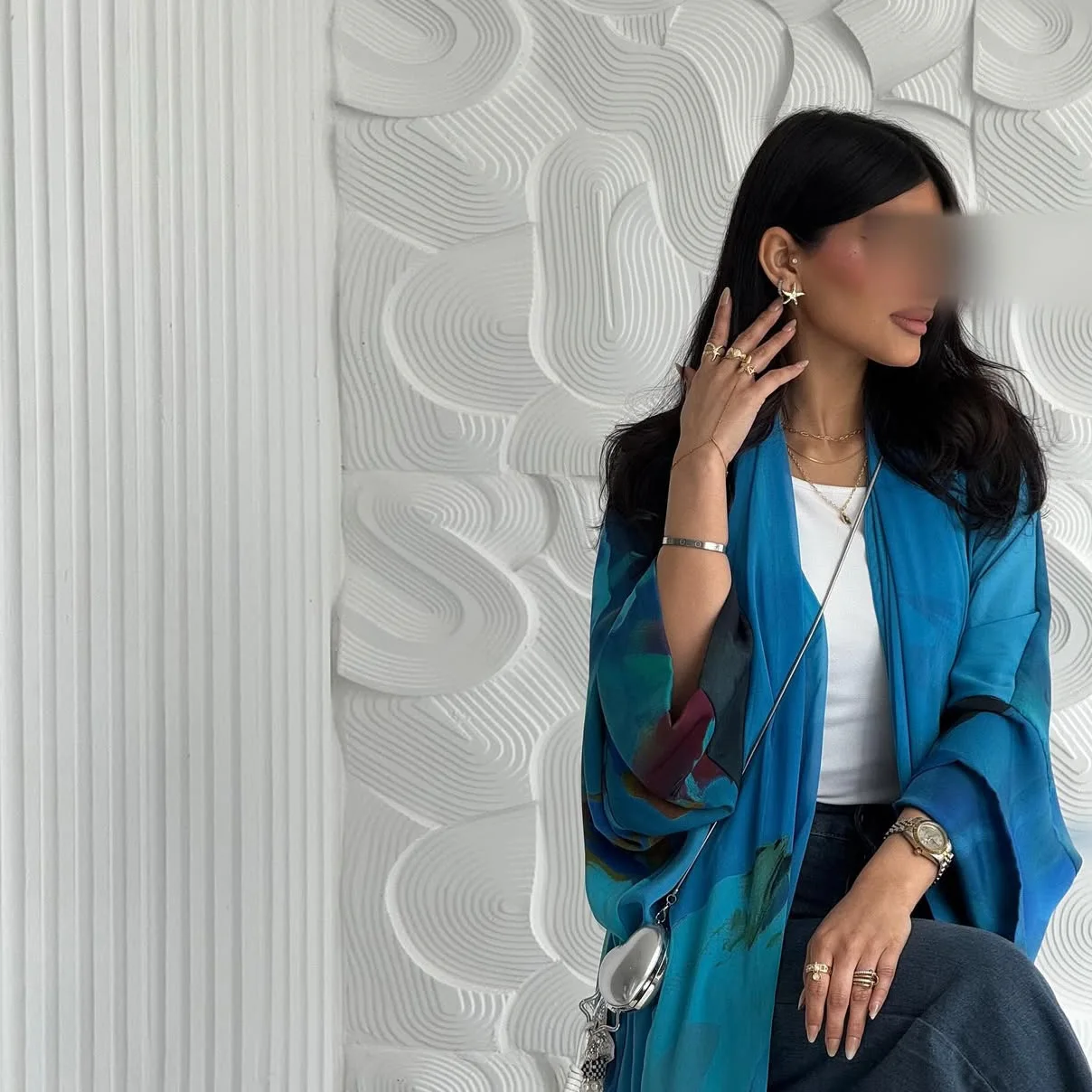 Abaya Ouverte MQ217 – Robe Musulmane Mousseline Imprimée avec Hijab
