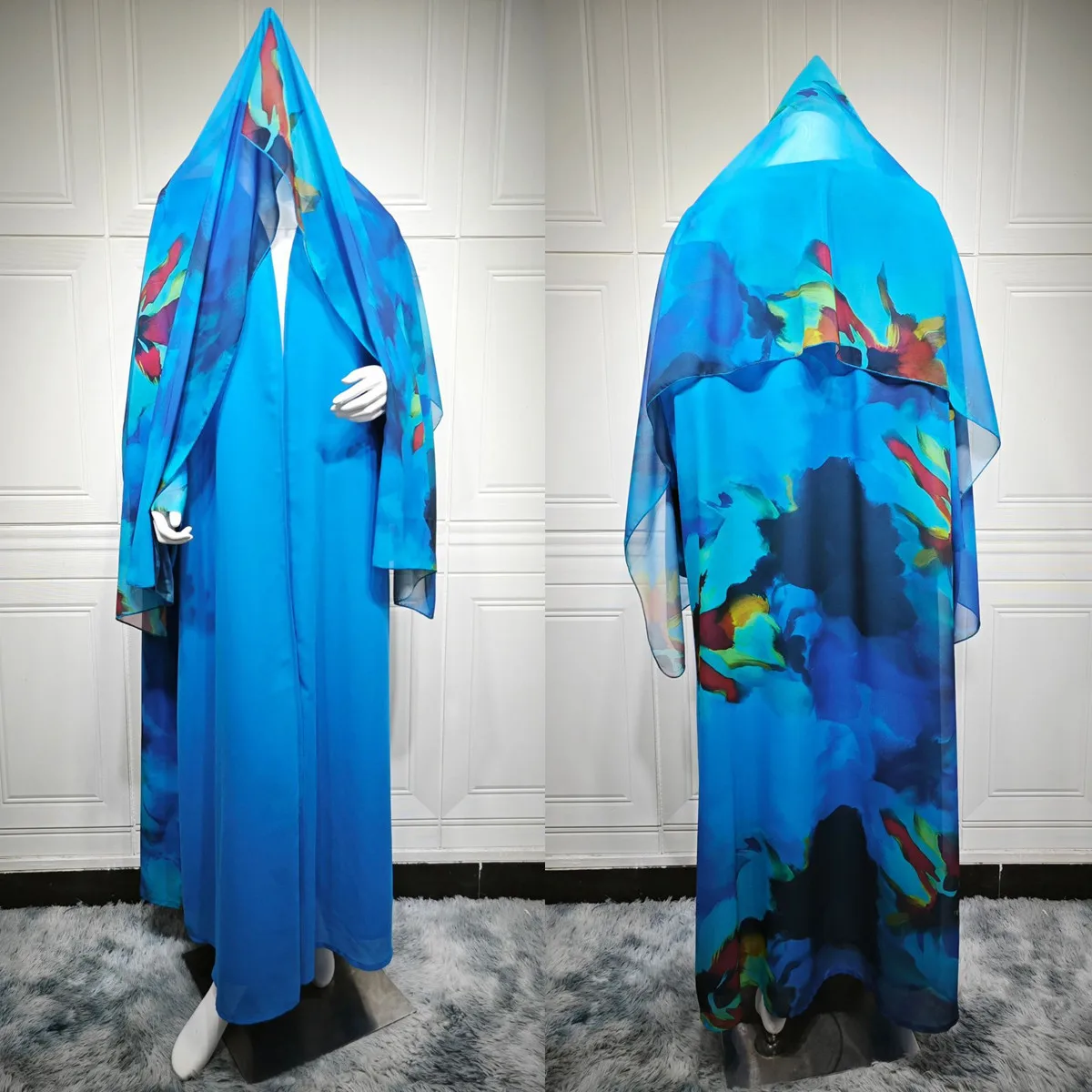 Abaya Ouverte MQ217 – Robe Musulmane Mousseline Imprimée avec Hijab