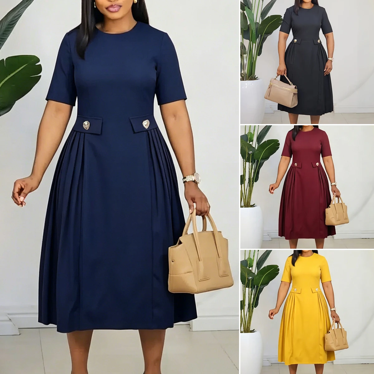 Robe Midi Élégante Col Rond Manches Courtes – Style Bureau & Casual C8661