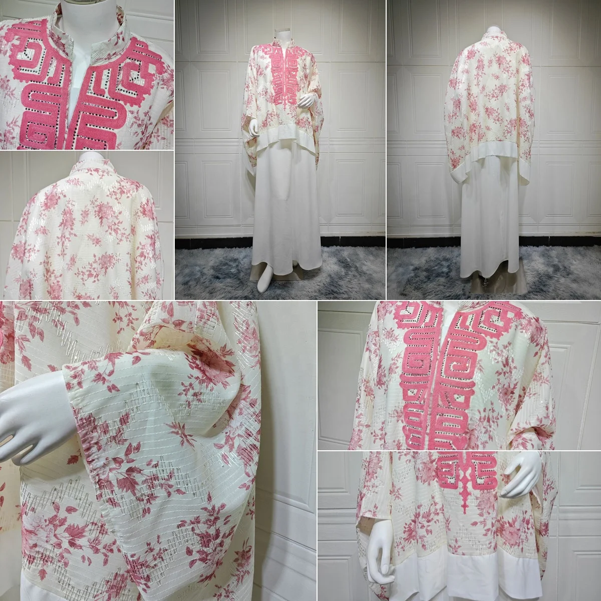 Ensemble Abaya Femme AB554 – Robe Maxi Florale Brodée avec Manches à Cordons