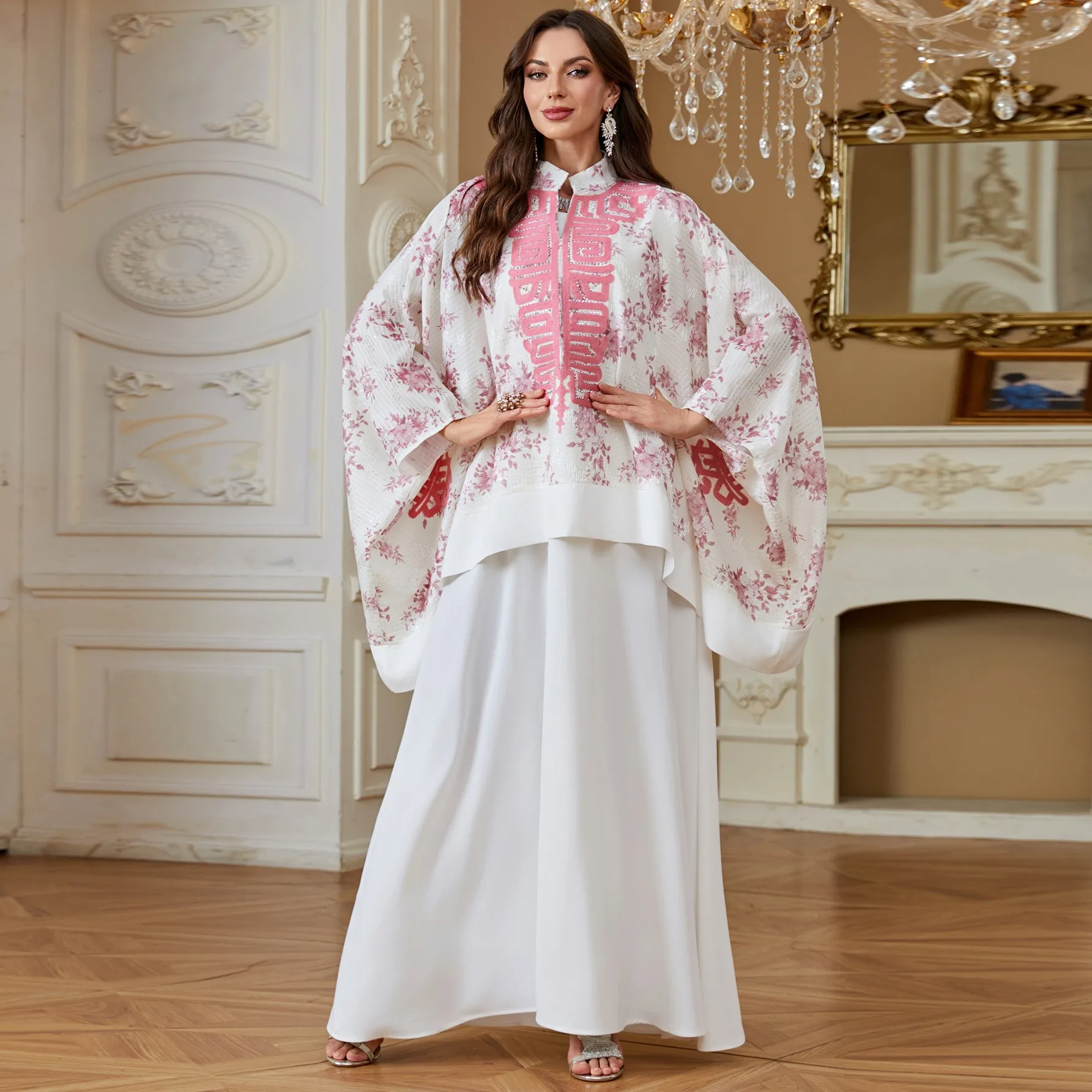 Ensemble Abaya Femme AB554 – Robe Maxi Florale Brodée avec Manches à Cordons