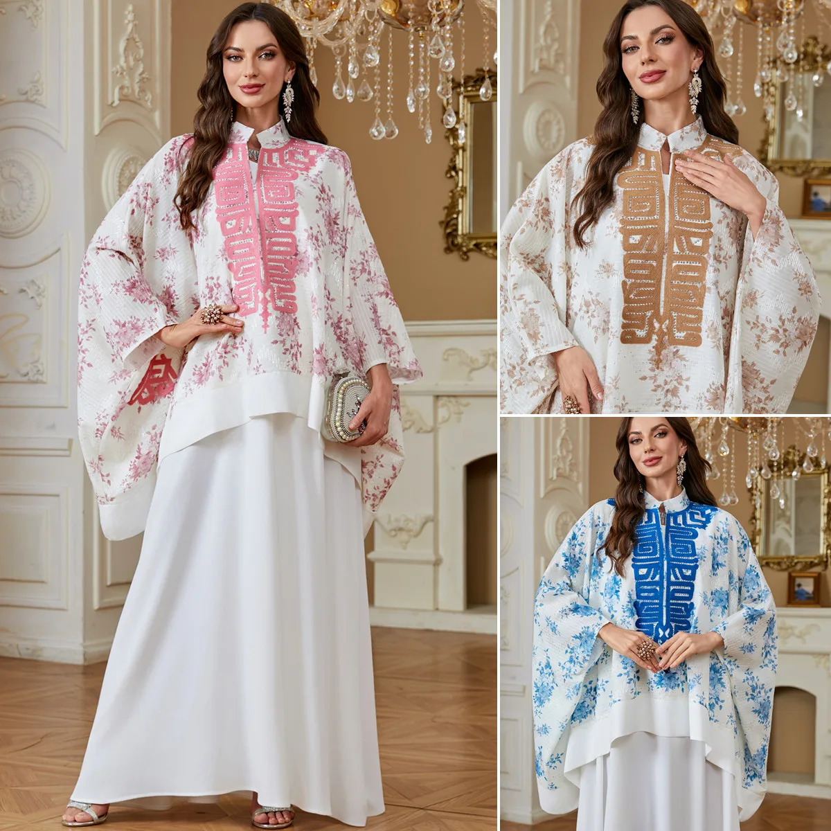 Ensemble Abaya Femme AB554 – Robe Maxi Florale Brodée avec Manches à Cordons