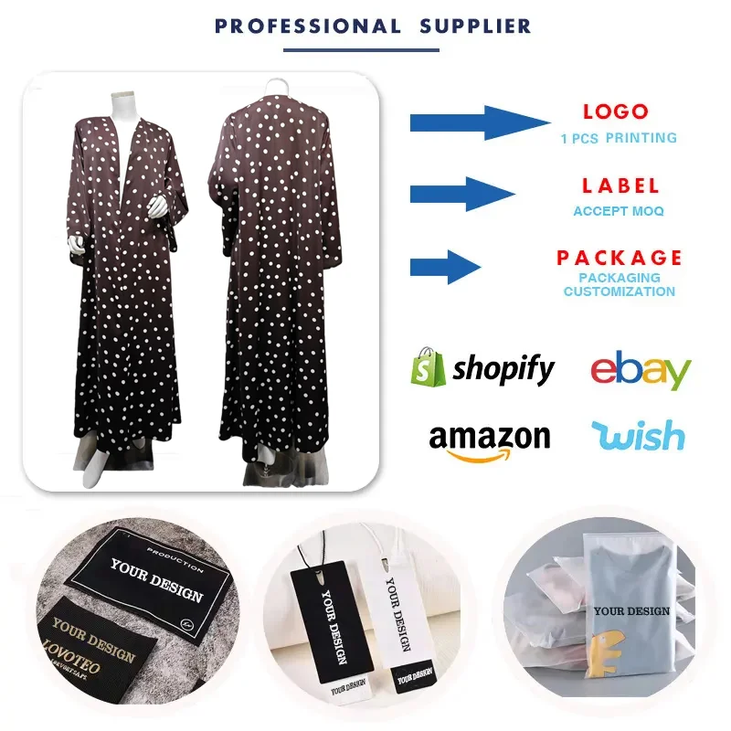 Abaya Ouverte à Pois MQ277 – Robe Maxi Islamique avec Voile, Style Dubaï