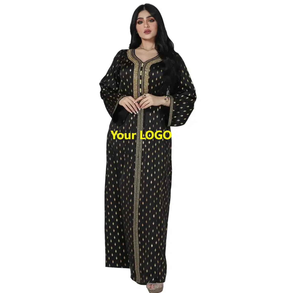 Abaya Ouverte à Pois MQ277 – Robe Maxi Islamique avec Voile, Style Dubaï