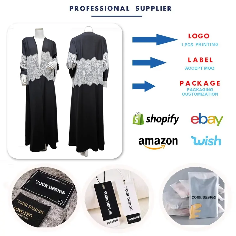 Abaya Ouverte MQ274 Longue Noire | Dentelle & Patchwork | Vêtement Islamique avec Voile