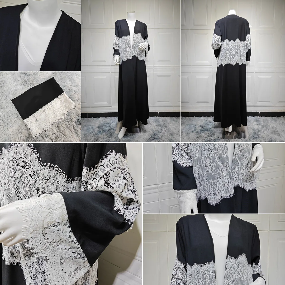 Abaya Ouverte MQ274 Longue Noire | Dentelle & Patchwork | Vêtement Islamique avec Voile