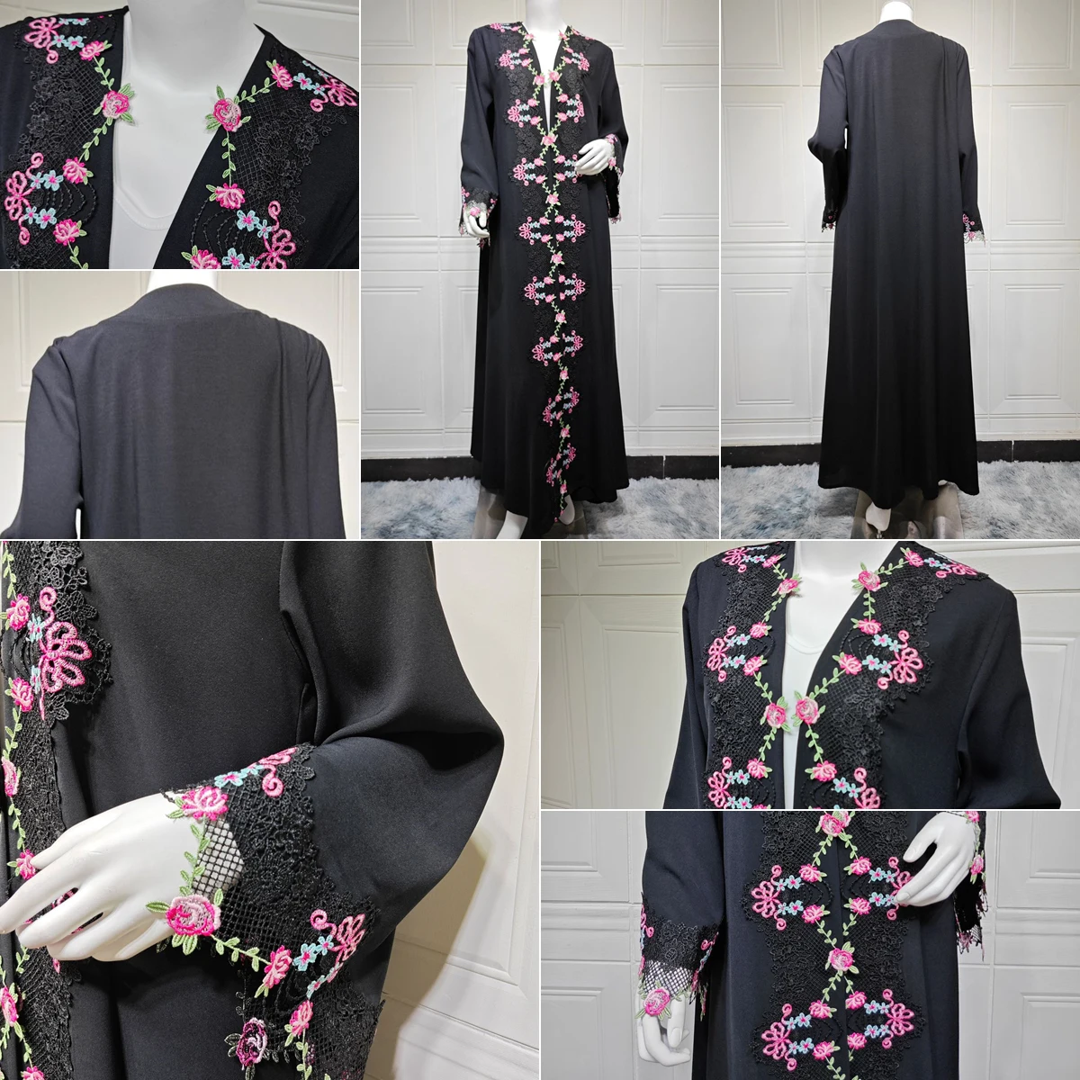 Abaya Ouverte Brodée MQ275 – Robe Musulmane Maxi Dentelle & Patchwork | Style Dubaï