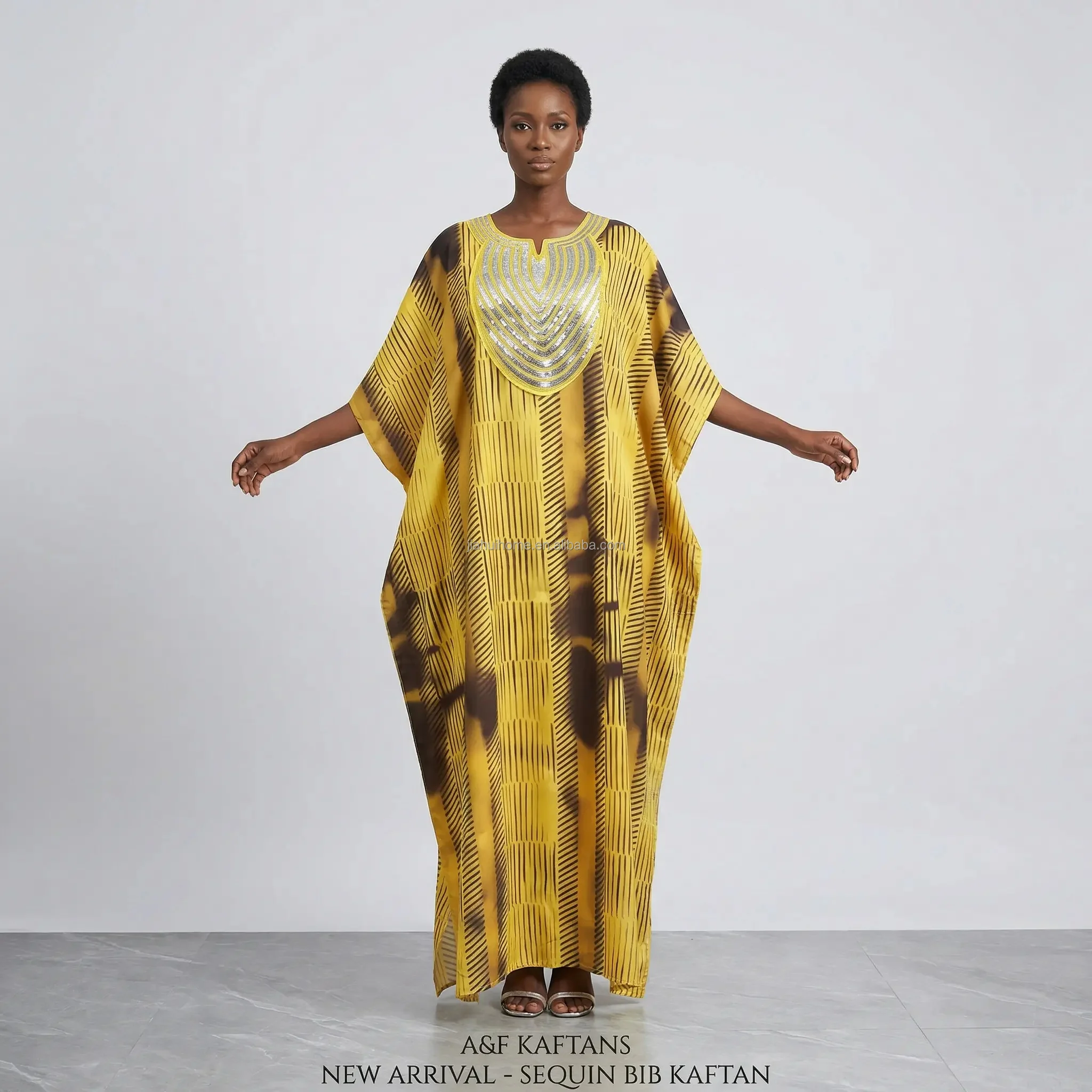 Robe Longue Africaine de Luxe | Broderie Paillettes | Kaftan Bubu Manches Chauve-Souris