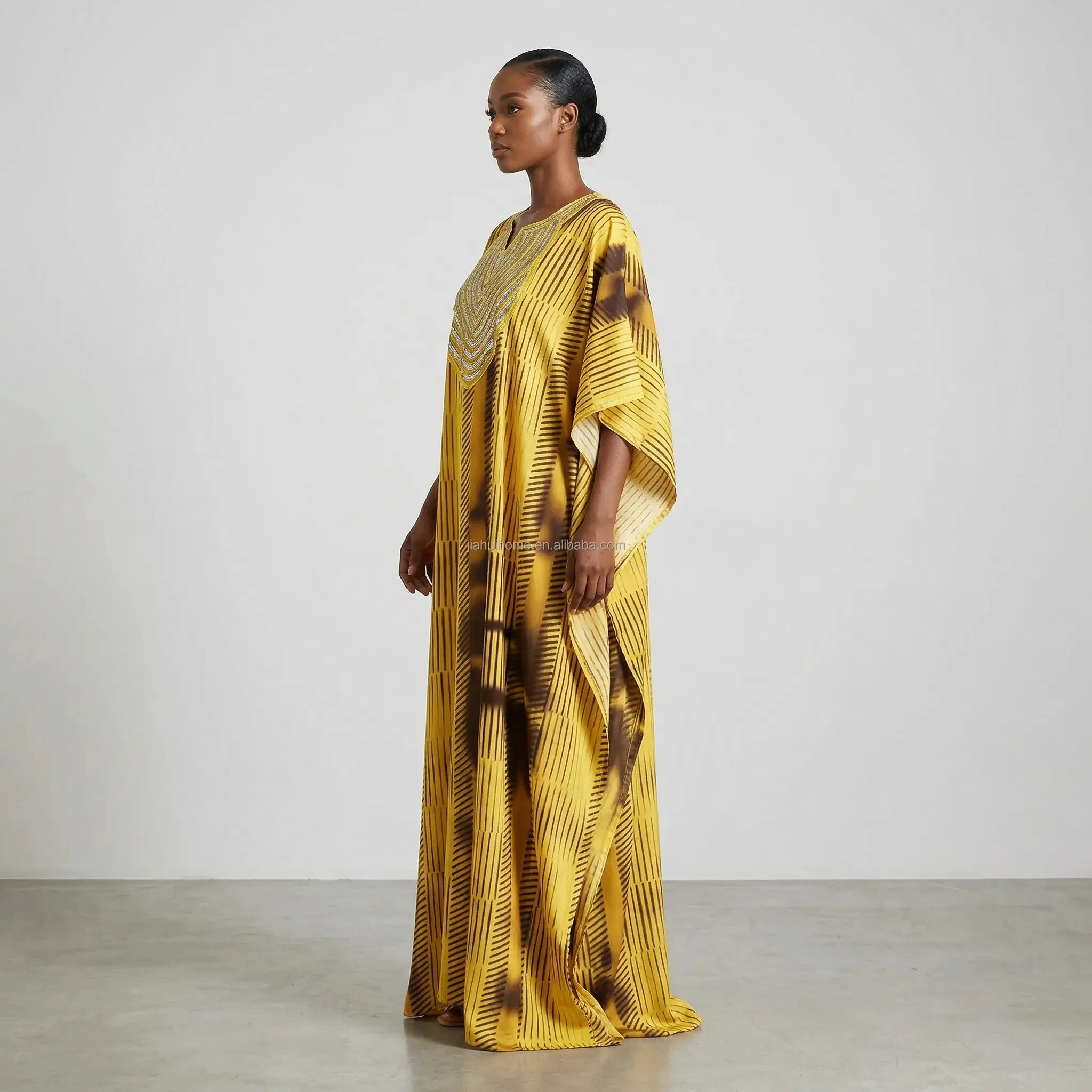 Robe Longue Africaine de Luxe | Broderie Paillettes | Kaftan Bubu Manches Chauve-Souris