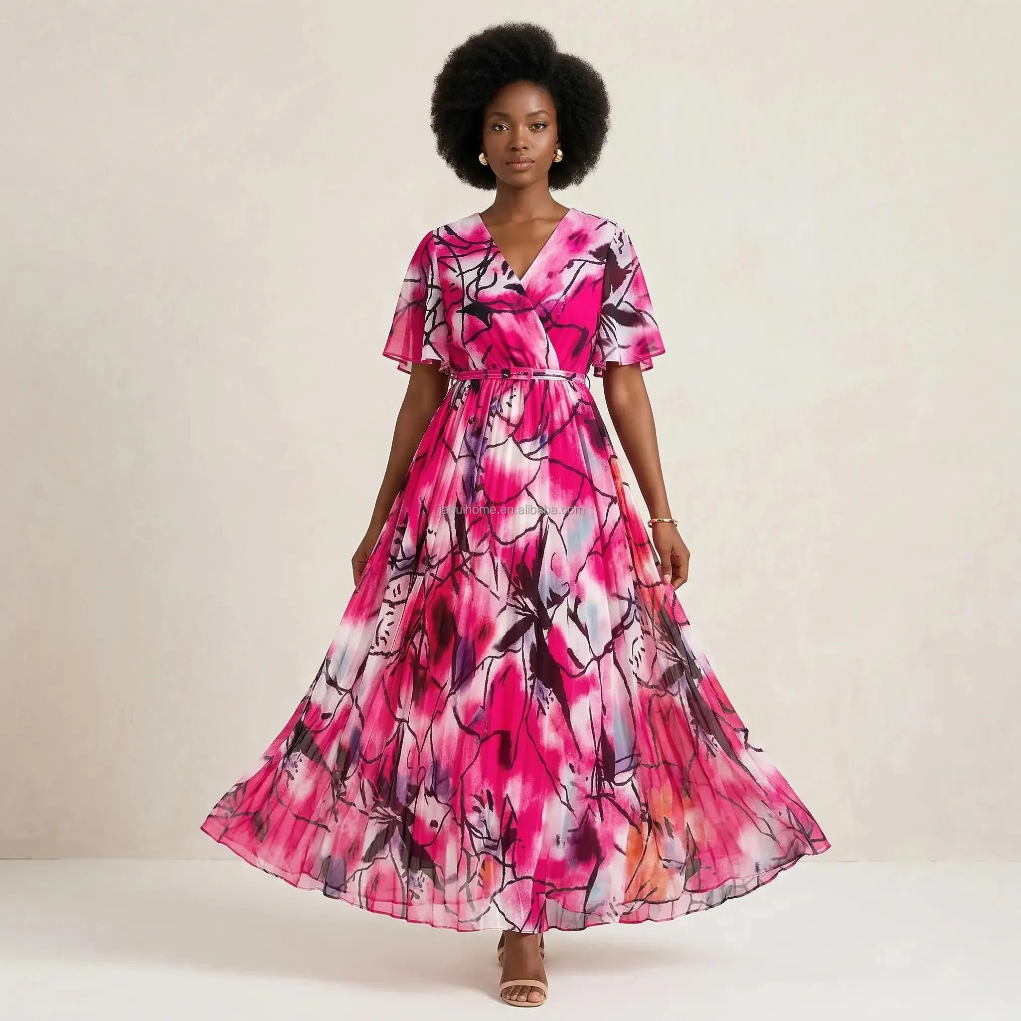 Robe longue africaine femme col V manches évasées imprimée élégante avec ceinture